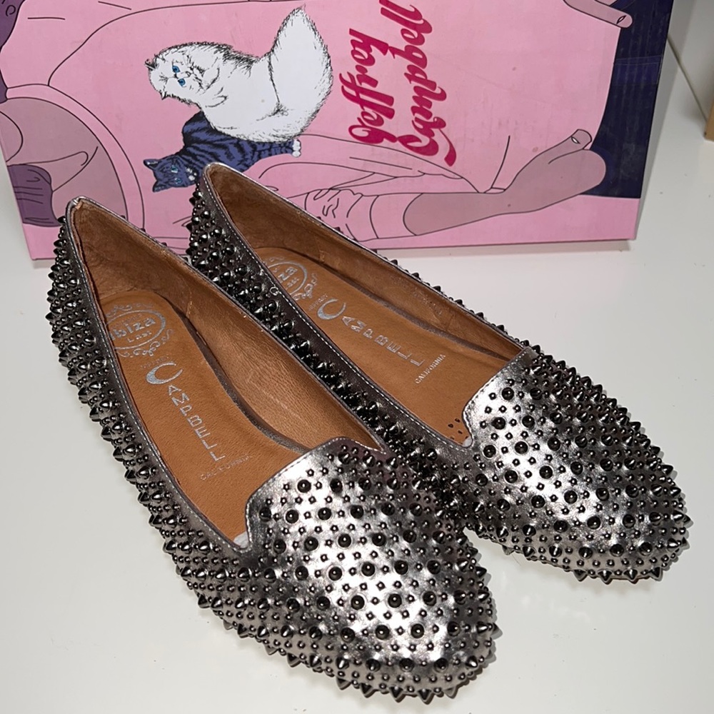 NIB Jeffrey Campbell Martini Pewter Studded Leather Loafers Flats US 6